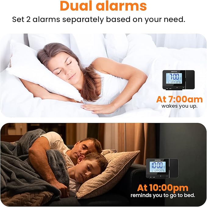 SMARTRO Digital Projection Alarm Clock for Bedrooms with Indoor Thermometer Hygrometer, USB Charger, Bedside Projector, Travel, AC and Battery Operated