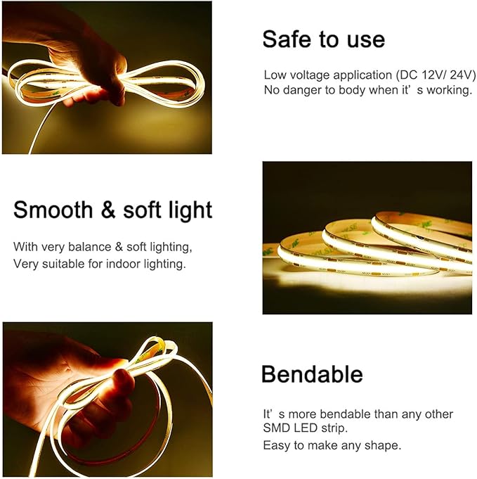 TUNICHX COB LED Strip Light DC12V LED Strip Flexible Super Bright LED Strips 9W/m 2x16.4FT Natural White 4000K CRI 90+ 480LEDs/m High Density Uniform Light for Home Decor No Adapter or Controller