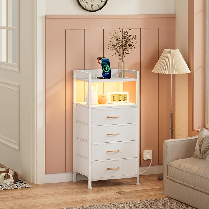 White Nightstand with Charging Station, Small Dresser - Image 2