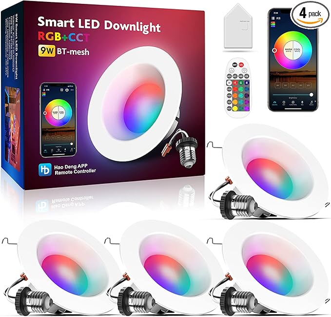 VANANCE Smart Can Light 6 Inch, Multicolorred, Dimmeble, 2700K-6500K CCT Selectable, RGB Remote LED Recessed Lighting 4 Pack, WiFi & Bluetooth LED Downlight, Compatible with Alexa Google Home