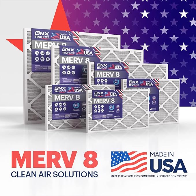 BNX TruFilter 16x25x1 Air Filter MERV 8 (12-Pack) - MADE IN USA – Dust & Pet Defense Electrostatic Pleated Air Conditioner HVAC AC Furnace Filters for Dust, Pet, Mold, Pollen MPR 600 – 700 & FPR 5