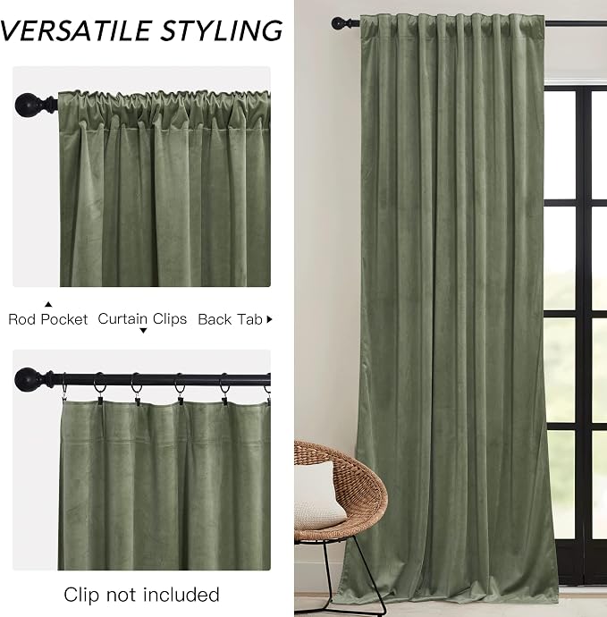 RYB HOME Sage Green Velvet Curtains 63 inches Length - Image 2