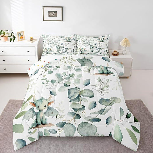 Erosebridal Boys Magic Animal Toddler Bedding Sets Cute Dragon Comforter Set, Cartoon Wildlife Bedding Comforter Sets Green Leaf Duvet Insert, Spring Plant Down Comforter Child Kids Bedroom Decor