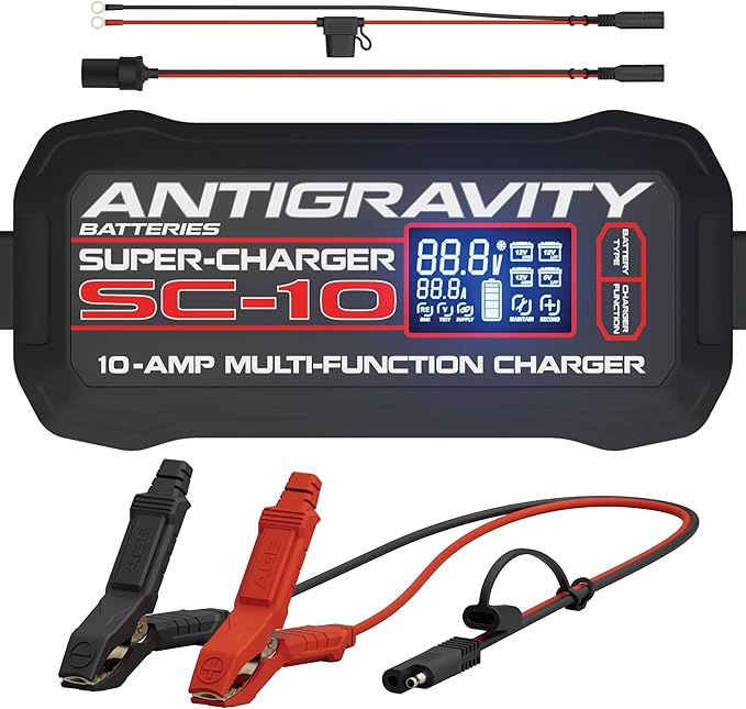Antigravity SC-10 Super-Charger 10A Smart Battery Charger & Maintainer for 6V/12V Lithium (LiFePO4) & Lead-Acid Batteries – LCD Display, Power Supply Mode, BMS Reset