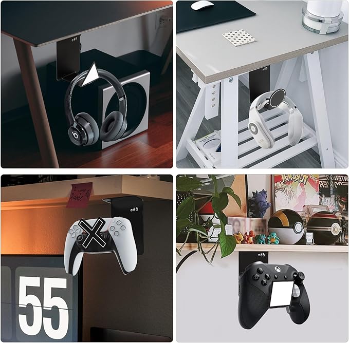 VKheroKV HC128 Headphone Holder Hanger for Desk, Include Adhesive Strips, Universal Headset Stand for PS4/PS5/Xbox/PC/Mac/Headphones Game Controller Hanger (Square)