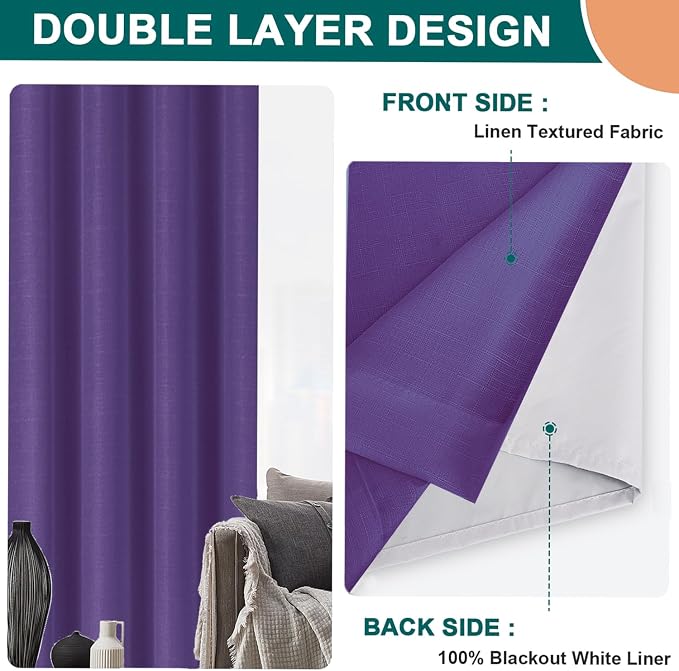 Diraysid 100% Blackout Curtains Purple Linen Curtains - Image 5