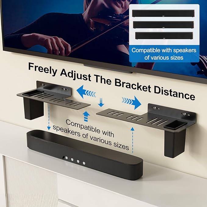 BYMECOST Heavy-Duty Steel Soundbar Mount Under TV with 2 Storage Boxes, Universal 88 Lbs Fit for Large Sound Bars, Sound Bar Wall Mount Bracket Stand Compatible with Samsung/JBL/LG, Complete Hardware