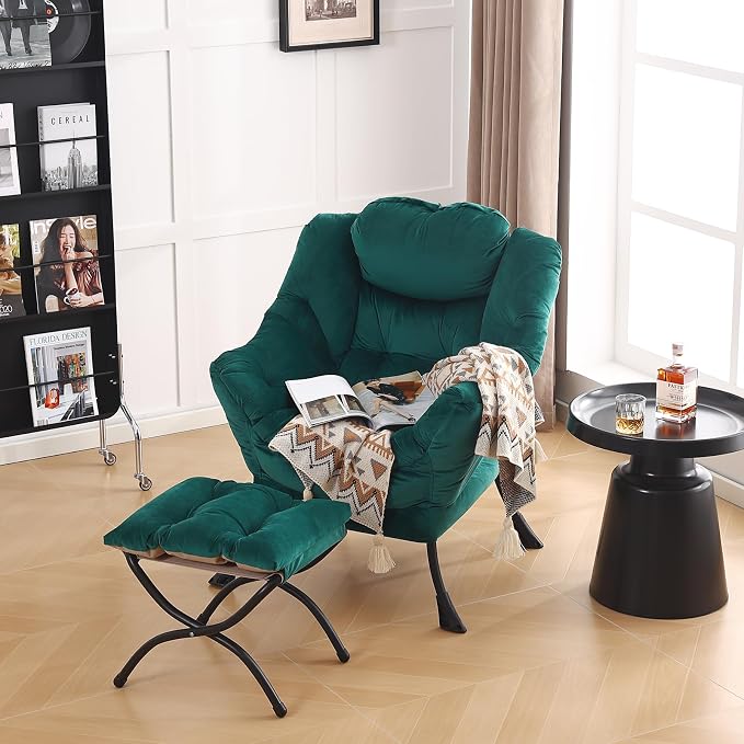 Lazy Chair with Ottoman, Comfy Accent Reading Chair, Velvet Green | Foldable - Image 9