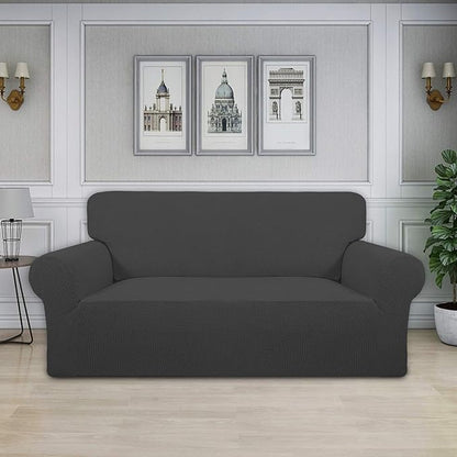 Easy-Going Stretch Oversized Loveseat Slipcover 1-Piece Sofa Cover Furniture Protector Couch Soft with Elastic Bottom for Kids Polyester Spandex Jacquard Fabric Small Checks Dark Gray