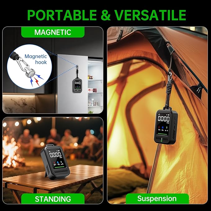 Portable Carbon Monoxide Detector for Travel, 4-in-1 CO Detector with Audible & Visual Alerts, Magnetic Lanyard, LED Light, 220H Standby, CO Monitor/Temp/Humidity/UV Sensor for Camping, Home, RV, Car