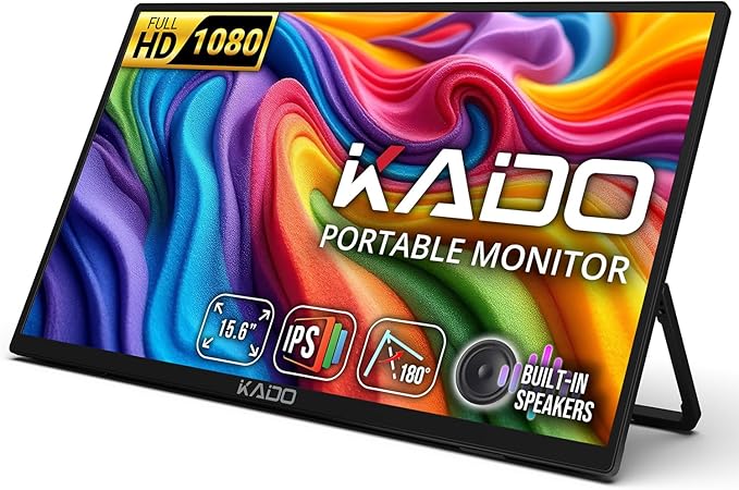 Kado 15.6" Full HD Portable Monitor, Second Display IPS 1920x1080 HDMI USB-C Laptop Screen Extender, 180° Adjustable Kickstand, Wall/Arm Mount for PC, Mac, Phone, Dex, Tablet, Xbox, PS4/PS5 and Switch