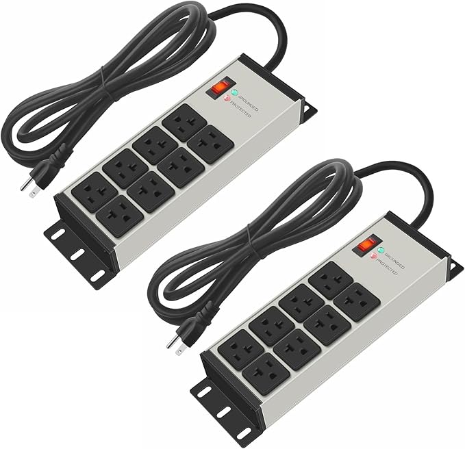 CCCEI 2PCS Heavy Duty Power Strip Surge Protector 20 AMP, 8 Outlets 12 Gauge Shop Garage Metal Multiple Outlets, 15 FT Extension Cord 5-15P Adapter High Amp 6-20R T-Slot 20a for Appliance Grey.