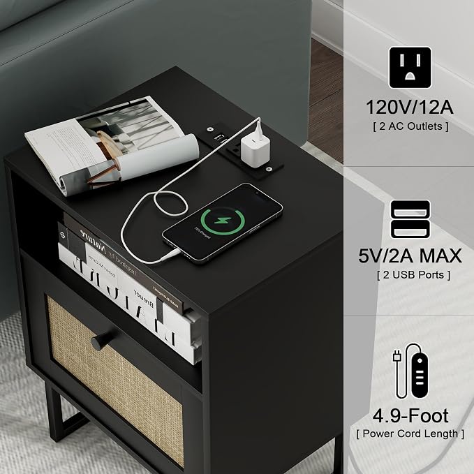 Masupu Rattan Nightstand with Charging Station, Modern Boho Farmhouse Wood - Image 3