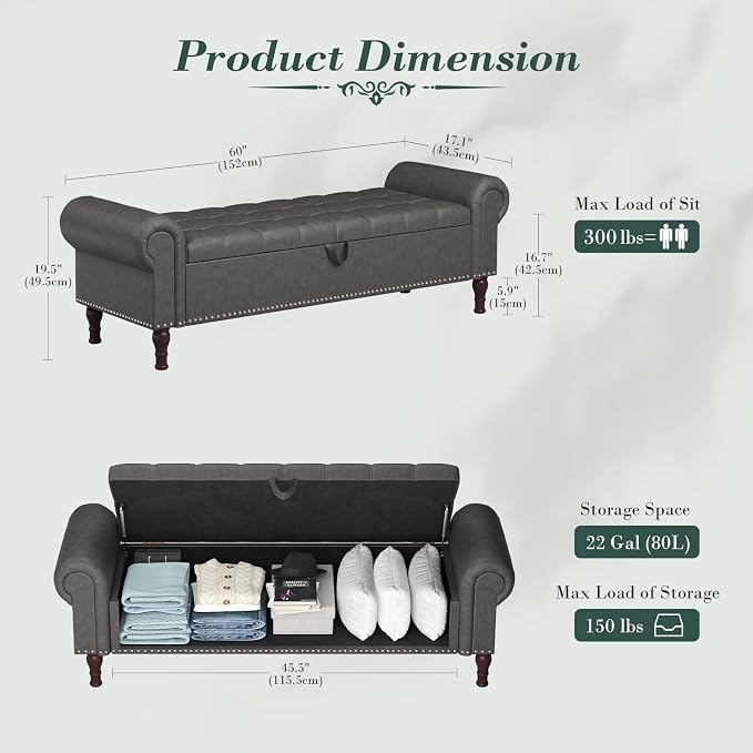 Apicizon 60” Bench with Storage, Upholstered Tufted Button Bedroom Bench with - Image 2