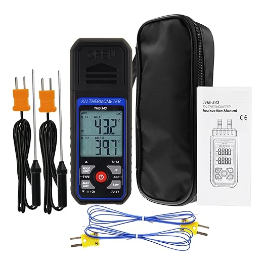 Thermocouple Thermometer Digital K Type Thermometer with 4 Thermocouples, -328~2500℉ Measuring Range HVAC Dual Channels Temperature Meter Gauge with LED Backlight & ADJ Compensation