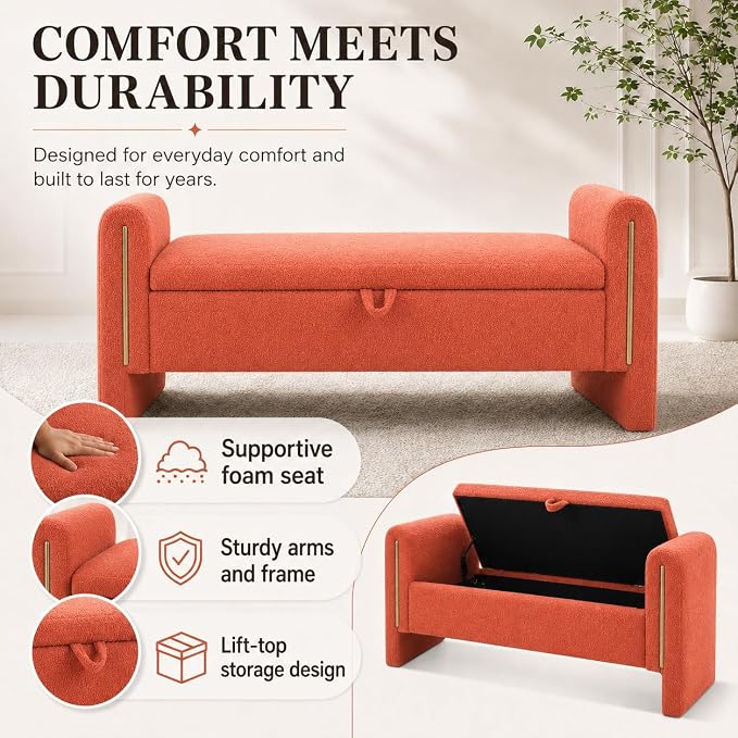 52" Upholstered Storage Bench, Wood Frame | Mid-century storage ottoman bench - Image 5