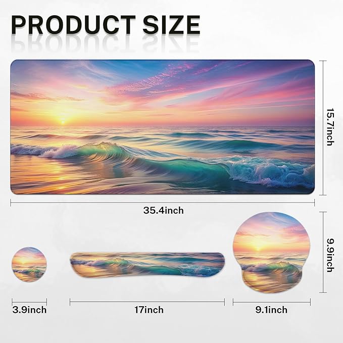 Britimes Sunset Beach Keyboard Mouse Pad Set 4in1 Large Mousepad+Keyboard Wrist Rest+Mouse Wrist Rest+Coaster Set with Ergonomic Design for Home Office Computer 35.4x15.7 inches