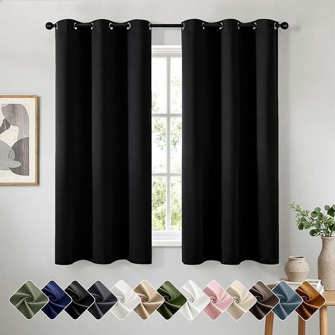 Short Black Blackout Kitchen Curtain W40 x L54 Inch 2 Panels | Thermal Insulated by Woaboy