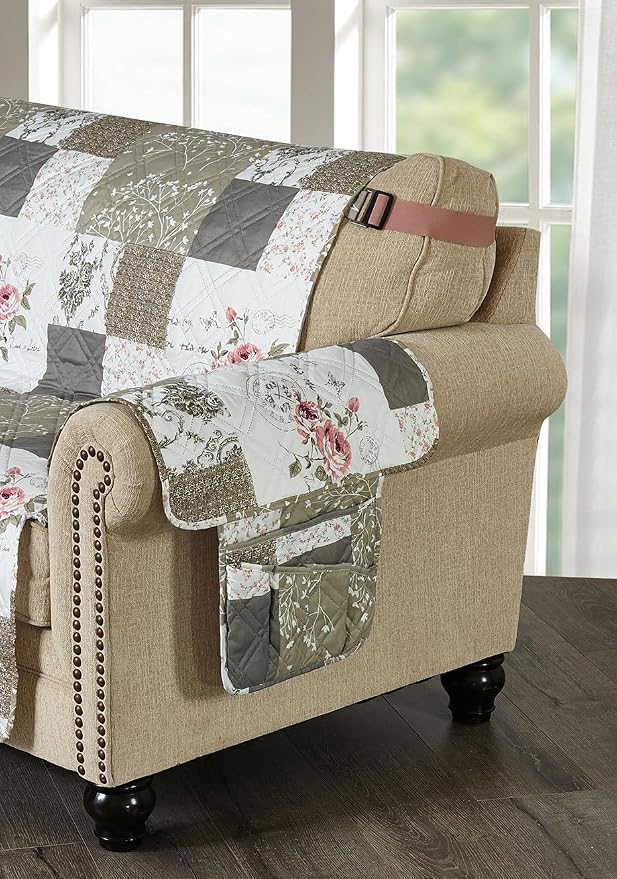 Brilliant Sunshine Pink Rose & Grey Toile Couch Armrest Cover, Armrest - Image 6