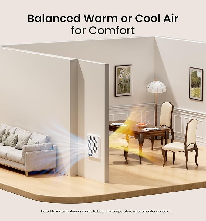KOVIET 8" Room to Room Ventilation Fan with Remote, Quiet Reversible Through the Wall Air Transfer Fan, 10-Speed Smart Exhaust Vent, Temperature Control, ETL Certified for Bedroom, Kitchen, Laundry