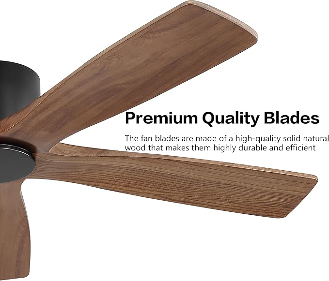 WINGBO 54" Flush Mount DC Ceiling Fans without Lights, 5 Carved Solid Wood Blades, 6-Speed Reversible DC Motor, Low Profile Hugger Ceiling Fan No Lights for Living Room Bedroom Patio, Black and Walnut
