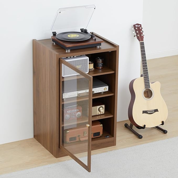 Walnut 5-Tier AV Media Shelf Storage Cabinet with Adjustable Shelves and Cable Management for Living, Gaming, Recording Room