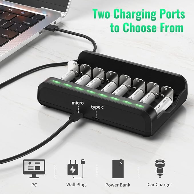 BONAI AAA Rechargeable Batteries, 8 Pack 1100mAh NiMH Batteries with Smart Universal Battery Charger