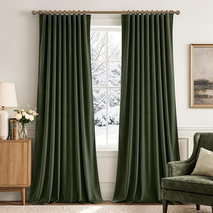 MIULEE Olive Velvet Pinch Pleat Blackout Curtains W52 X L84 Inches | 2 Panels by MIULEE
