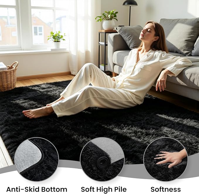 6x9 Fluffy Area Rug for Living Room: Soft Non-Slip Black Bedroom Carpet | Ultra - Image 5