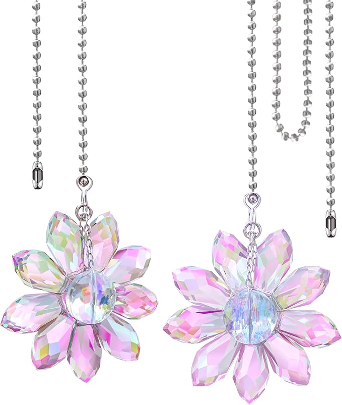 LEFERS Ceiling Fan Pull Chain, 2 Pieces 1.8" Crystal Glass Flower Pendants with 24" Ceiling Fan Chain Extender and Connector (Purple)