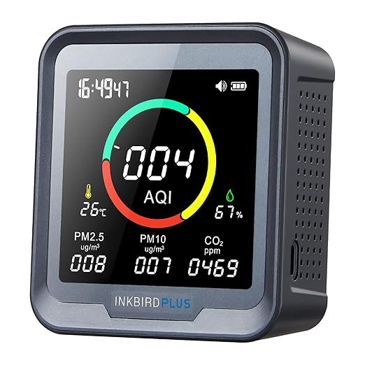 INKBIRDPLUS 6-in-1 Indoor Air Quality Monitor, Detects CO2, PM2.5, PM10, AQI, Temperature and Humidity with Alarm, for Rooms, Cellars, Grow Tents, Offices, etc. (PTH-9A)