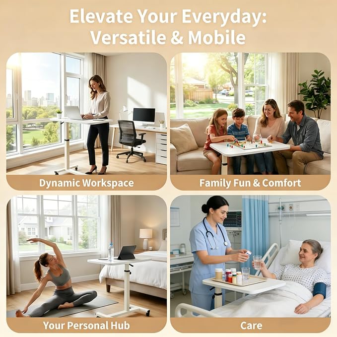 Adjustable Overbed Table with Wheels, Pneumatic Height Lift Rolling Bedside - Image 7