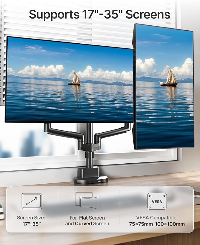 monTEK Dual Monitor Stand with USB Up to 35" Screens,Tall Post Mounted Monitor Arm holds Max 24.3lbs Per Screen, Full Motion Adjustable Arm Desk Mount with C-Clamp/Grommet,VESA 75/100mm, MA1010UCPBK-D