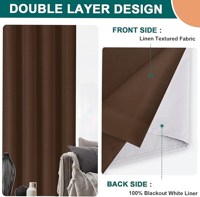 Diraysid 100% Blackout Curtains Chocolate Brown Linen Curtains - Image 7