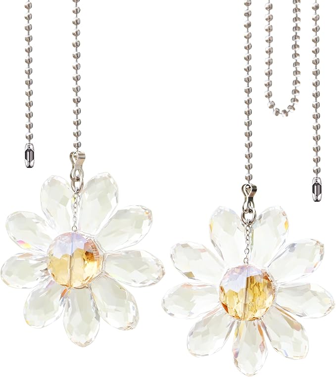 LEFERS Ceiling Fan Pull Chain, 2 Pieces 1.8" Crystal Glass Flower Pendants with 24" Ceiling Fan Chain Extender and Connector (Clear)