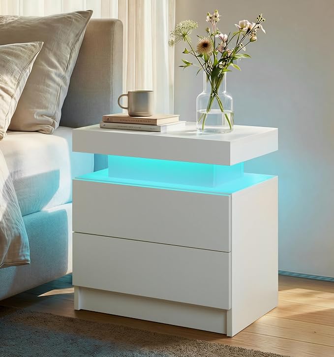 LED Nightstand with Wood 2 Drawers Modern Bedside Table by Unknown