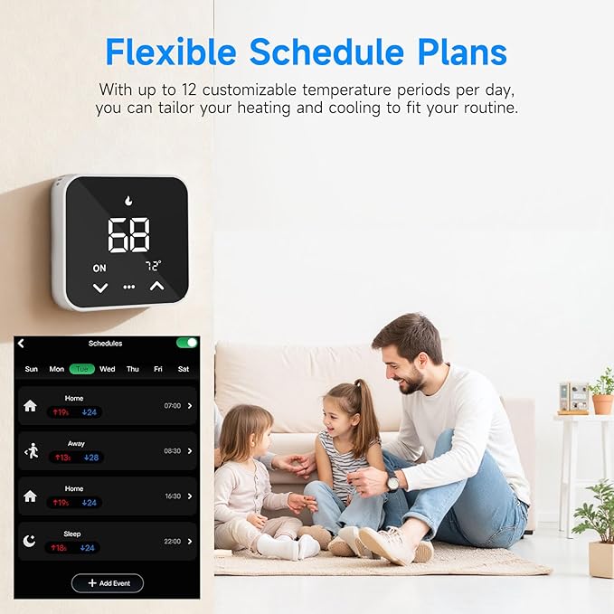 Smart Thermostat for House, WiFi Thermostat Compatible with Alexa and Google Assistant,7day x 8period Programmable Control Tuya/Smart Life, Energy Saving, C-Wire Require (Black)