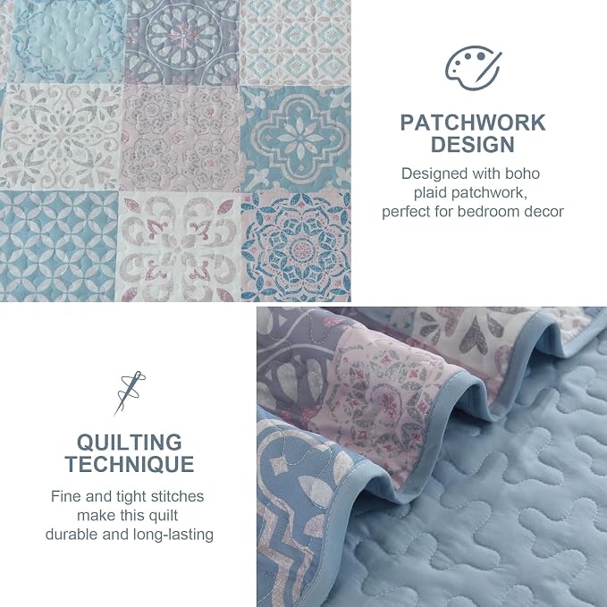 Dobuyly Quilt Set Queen Size, Light Blue/Pink Patchwork Bedspread 3 Pieces - Image 4