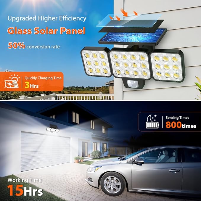 Solar Flood Light Outdoor 4 Pack, 3500LM Super Bright Motion Sensor Outdoor Lights, Solar Lights Outdoors Waterproof, Upgrade Glass Panel, 270° Wide Angle LED Security Spot Light for Outside Yard