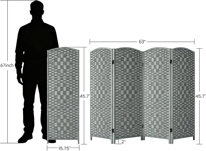 HALLYBEE Short Room Divider, Small Folding Privacy Screens, 4 Panel Grey | - Image 2