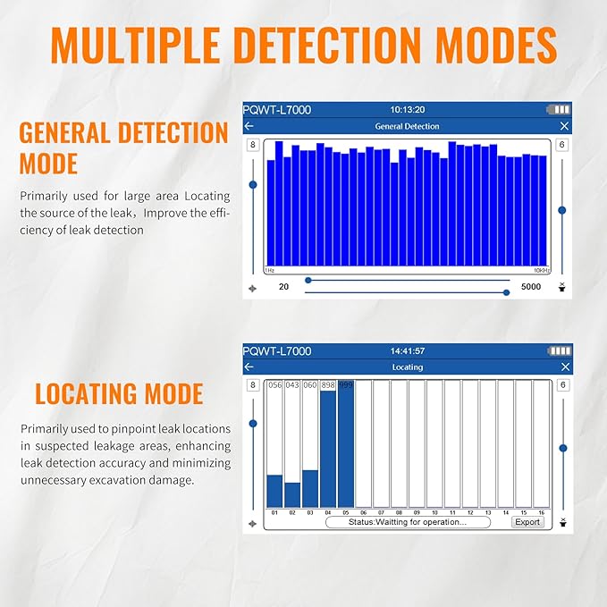 PQWT L5000 Underground Water Leak Detectors Indoor Outdoor Wall Water Pipe Detector Machine Multi Sensor Acoustic Pipeline Leakage Detection Kit Noise Reduction Headphone Smart Touchscreen Carry Case