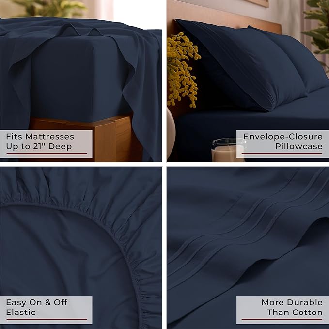 Mellanni California King Sheet Set - 6-Piece Iconic Collection Bedding, (Including 4 Pillowcases), 21-Inch Extra Deep Pocket, Easy Care, Ultra Soft, Cooling Sheets, Brushed Microfiber - Navy Blue