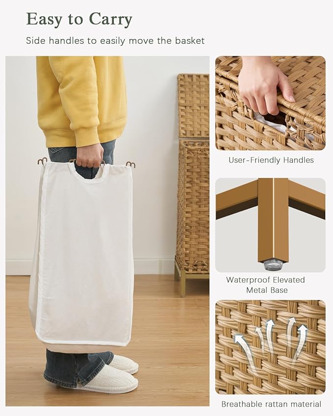Laundry Hamper with Lid 132 L, (35 Gallons) Clothes Hamper with Lid, Handwoven Rattan Laundry Hamper with Metal Heightened Feet, Laundry Hampers with 3 Removable Liner Bags for Laundry-Natural