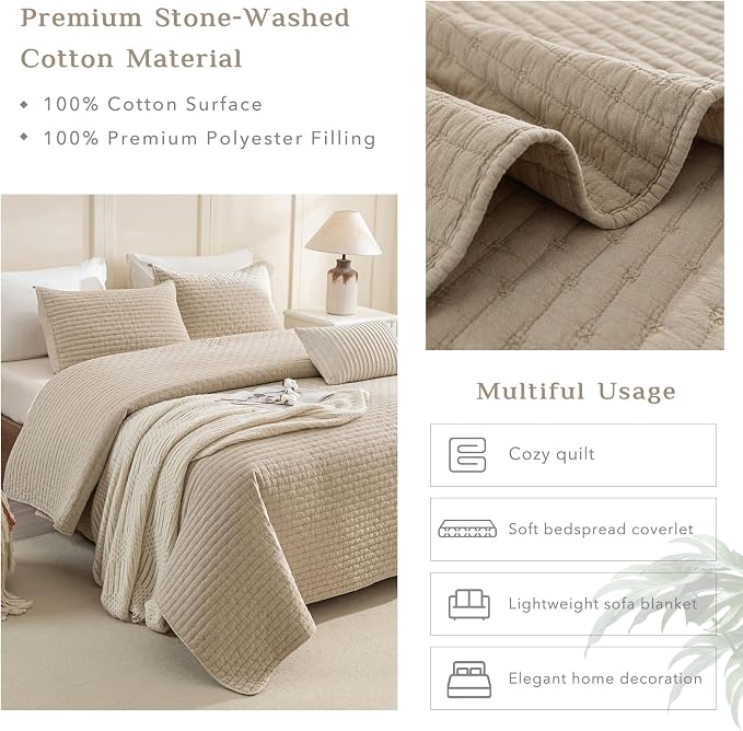 CozyTide Oversized King Quilt 118"x106", Stone-Washed Cotton Wheat California - Image 4