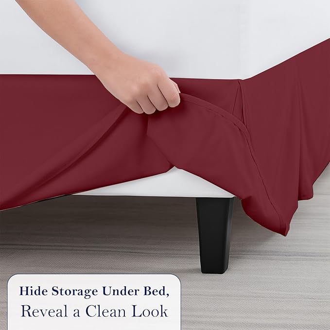 Full Bed Skirt, Luxury 15 Inch Drop Burgundy Pleated Bed Skirt, Double Brushed Microfiber, Box Pleat Design, Wrinkle & Fade Resistant, Easy Fit Tailored Bedskirt for Full Size Beds