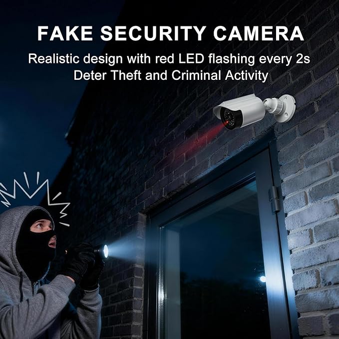 WALI Fake Dummy Camera, Solar Powered Fake Security Camera with LED Light, for Inside Outside Decoy Simulated Surveillance Security CCTV Dome Cameras with Warning Sticker (SOLTC-W4), 4 Packs, White