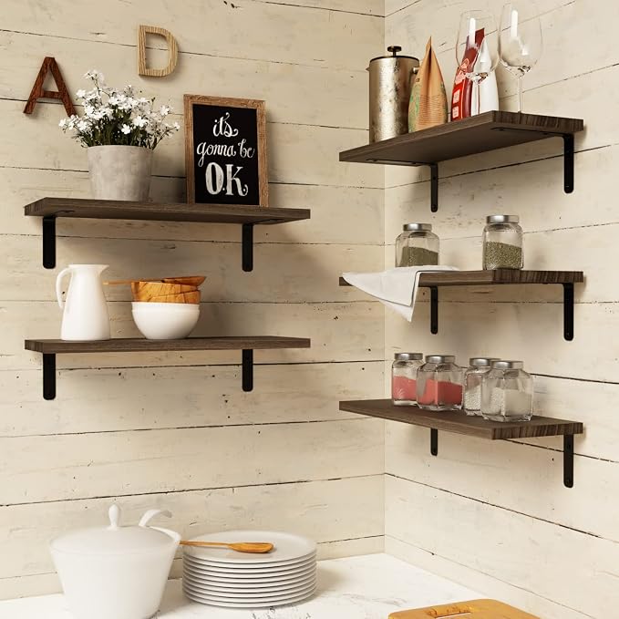 RICHER HOUSE Rustic Wood Floating Shelves Set of 5, Wall Mounted Shelf 16in | - Image 7