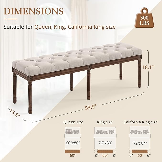 LUE BONA 60" Fabric End of Bed Bench, Upholstered Tufted French Bedroom Bench - Image 3