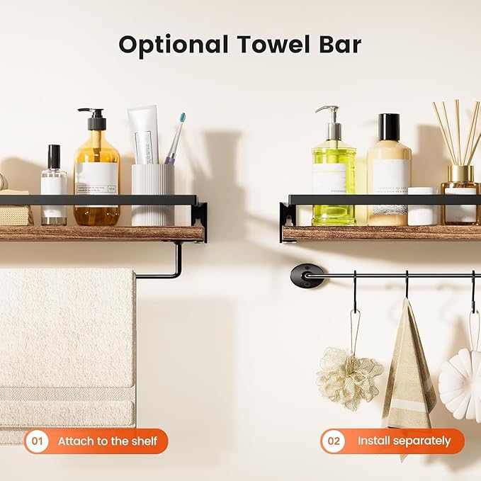 Amada Bathroom Shelves with Towel Bar, Rustic Brown | Floating Shelves with - Image 5