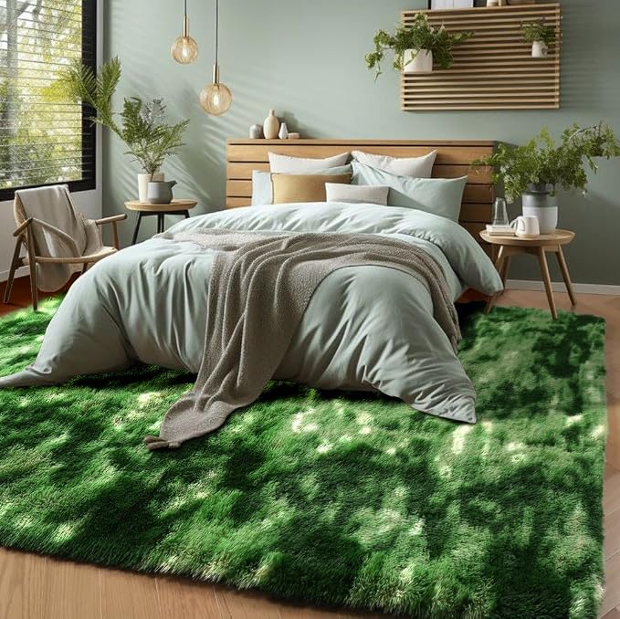 Fluffy Moss Green Rugs for Living Room 5x8, Modern Bedside Carpets, Plush - Image 8